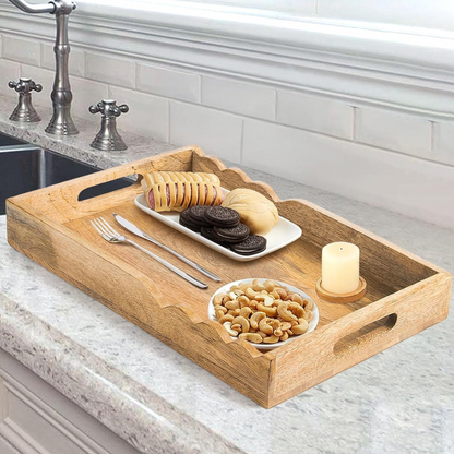 carpentray serving tray with elegant scalloped edges, natural | 15" x 10" x 1.75"