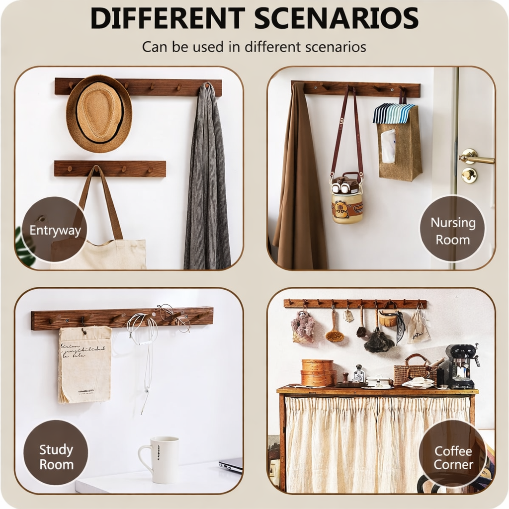 Carpentray Wood Coat Rack Wall Mount 5 Hooks Plugs (Medium)