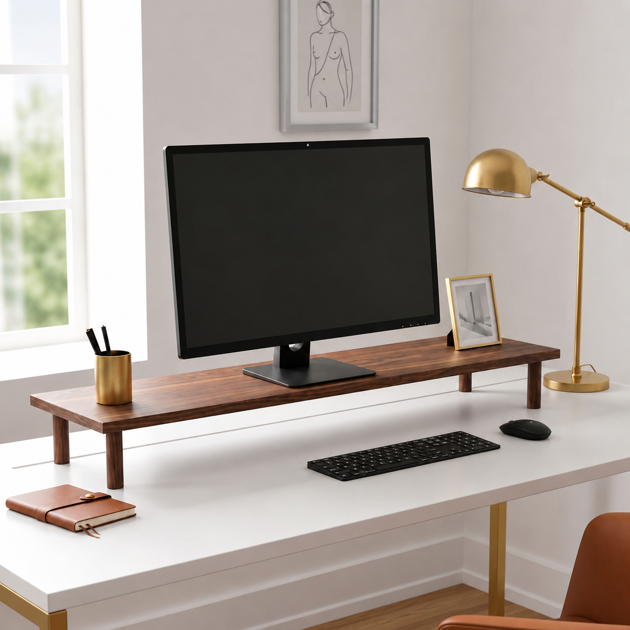 carpentray 66cm long premium wooden monitor stand round legs (walnut)