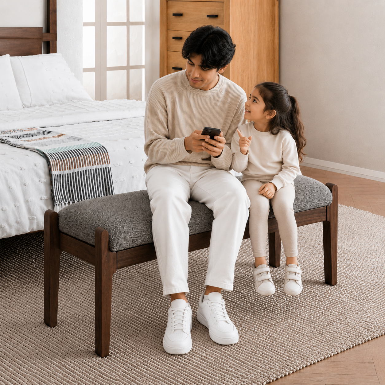 Carpentray 150cm Long Premium Wooden Bench With Soft Gray Cushion