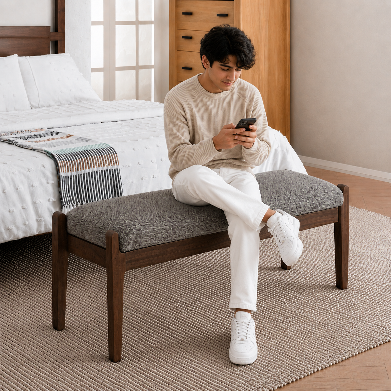 Carpentray 100cm Long Premium Wooden Bench With Soft Gray Cushion