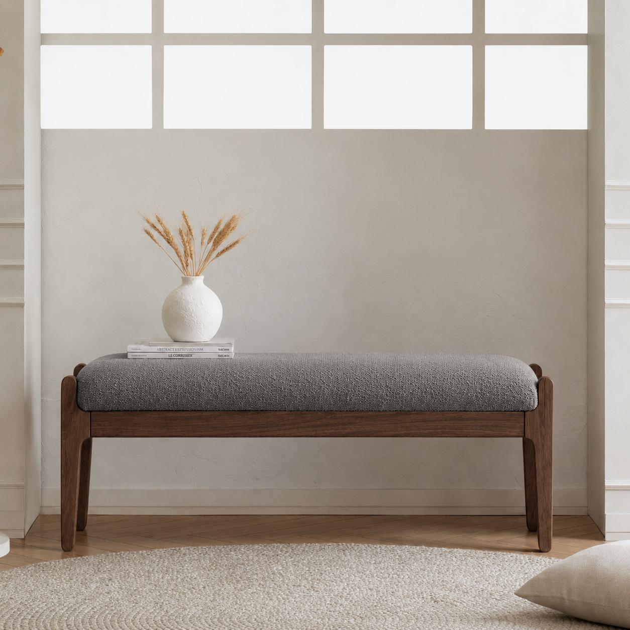 Carpentray 150cm Long Premium Wooden Bench With Soft Gray Cushion