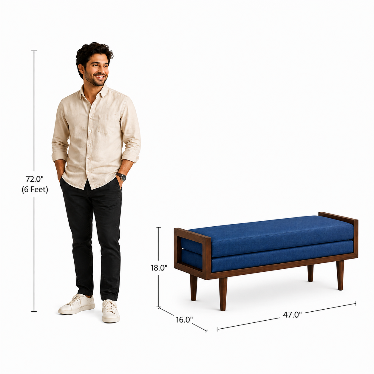 Carpentray 120cm Long Premium Wooden Bench With Dual Cushion (Blue)