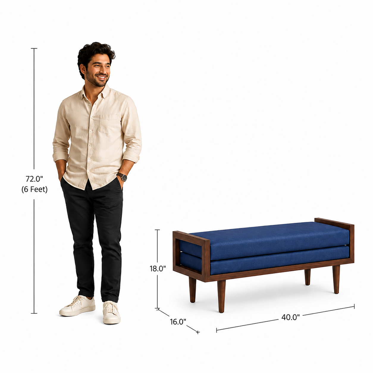 Carpentray 100cm Long Premium Wooden Bench With Dual Cushion (Blue)