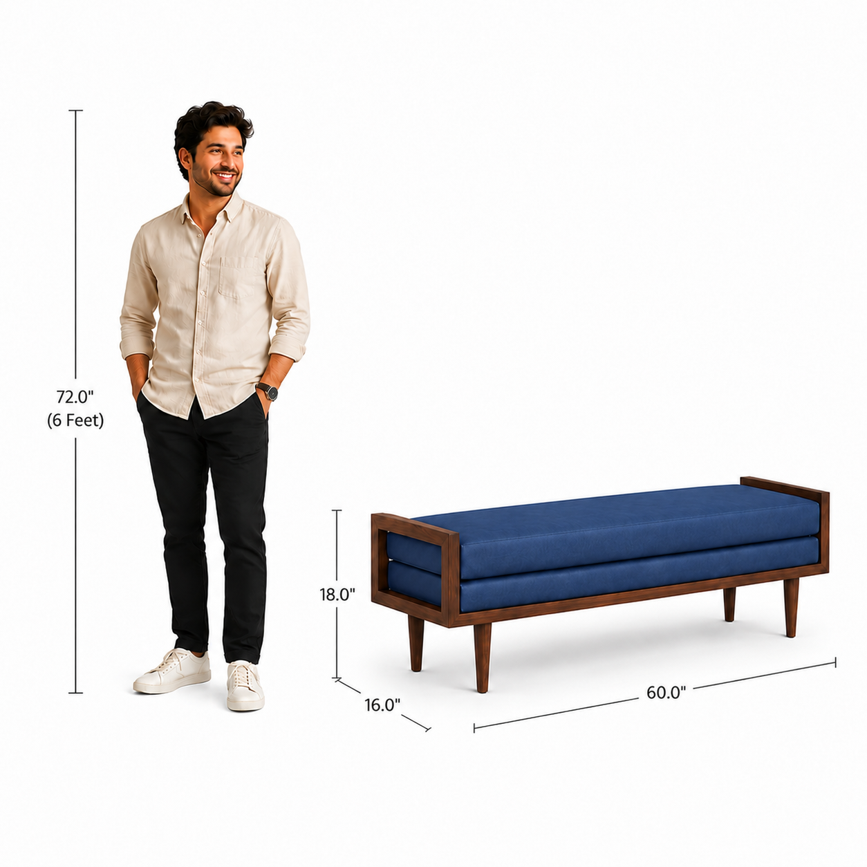 carpentray 150cm long premium wooden bench with dual cushion (blue)
