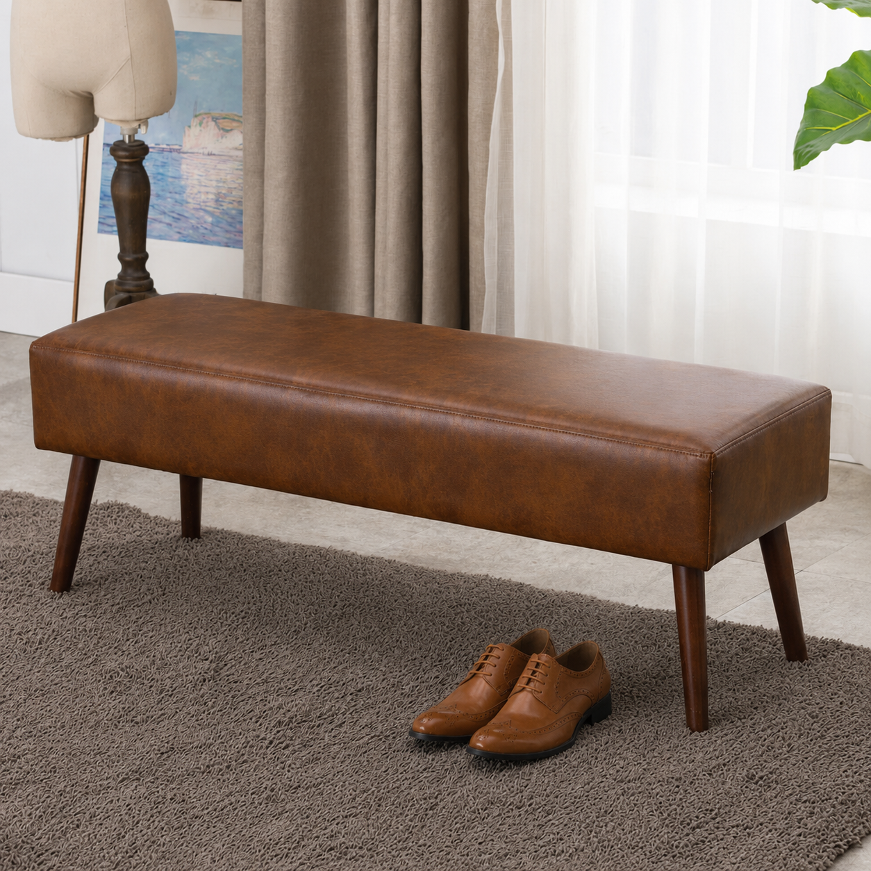 Carpentray 100cm Long Premium Wooden Bench With WaterProof Cushion (Brown)