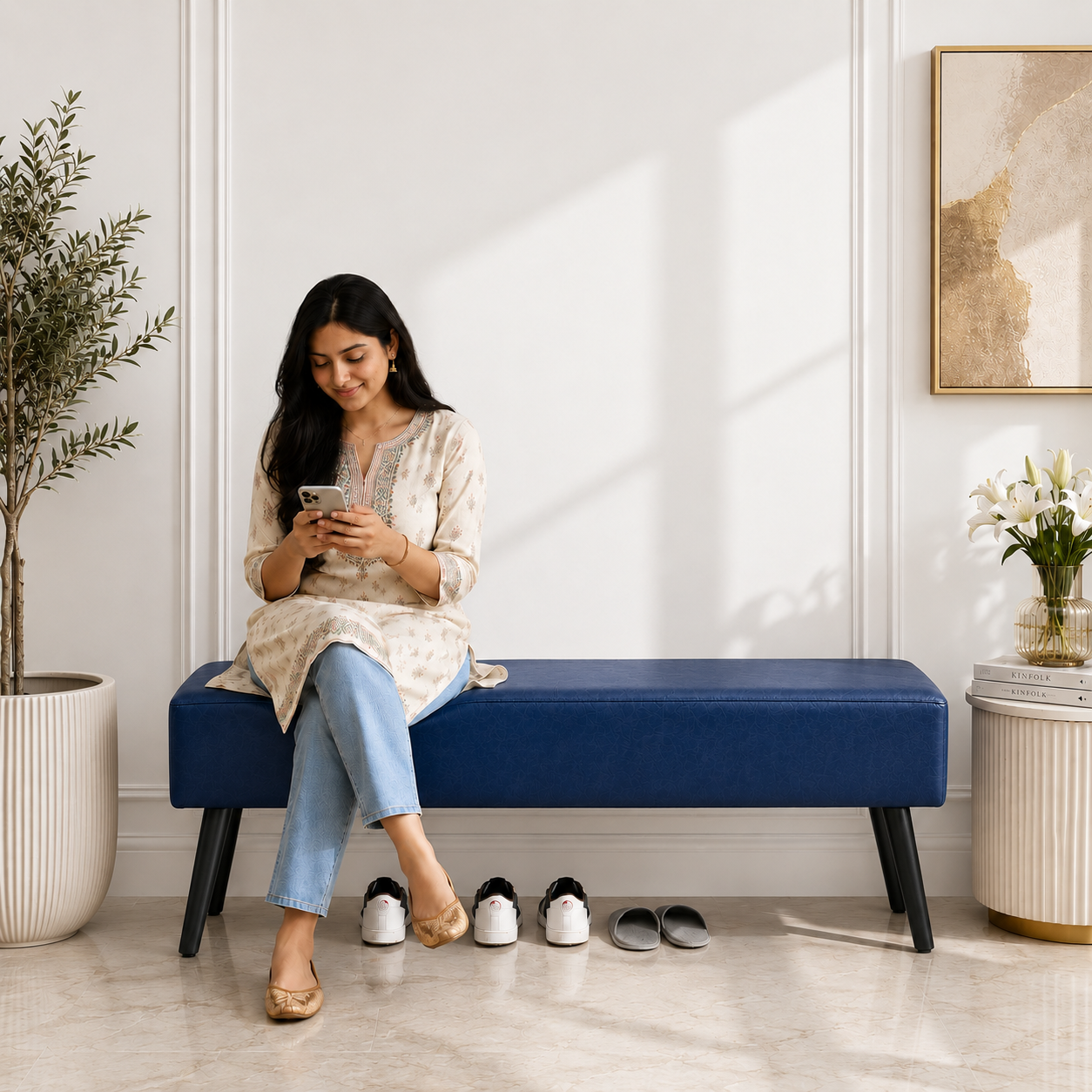 Carpentray 150cm Long Premium Wooden Bench With WaterProof Cushion (Blue)