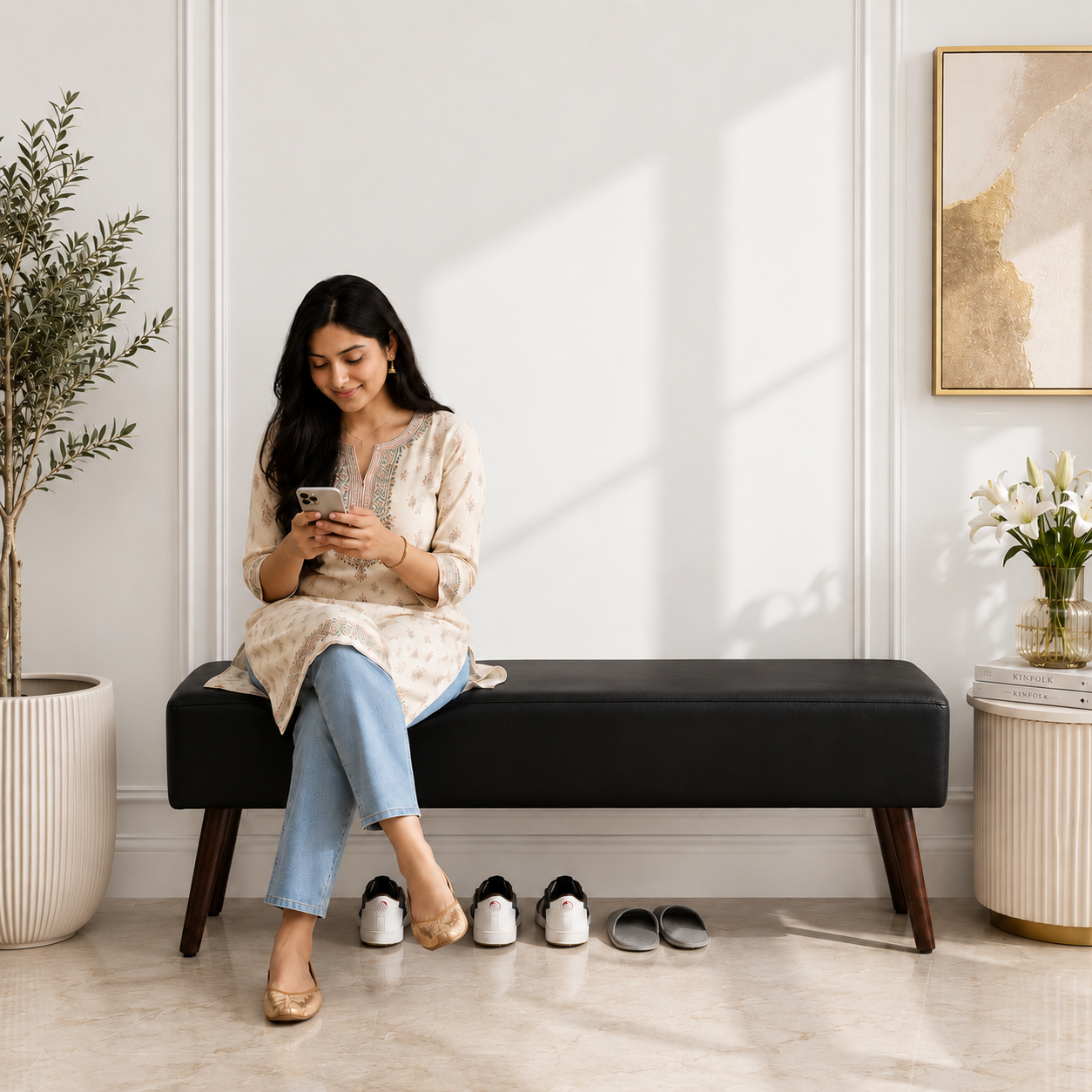 carpentray 150cm long premium wooden bench with waterproof cushion (black)
