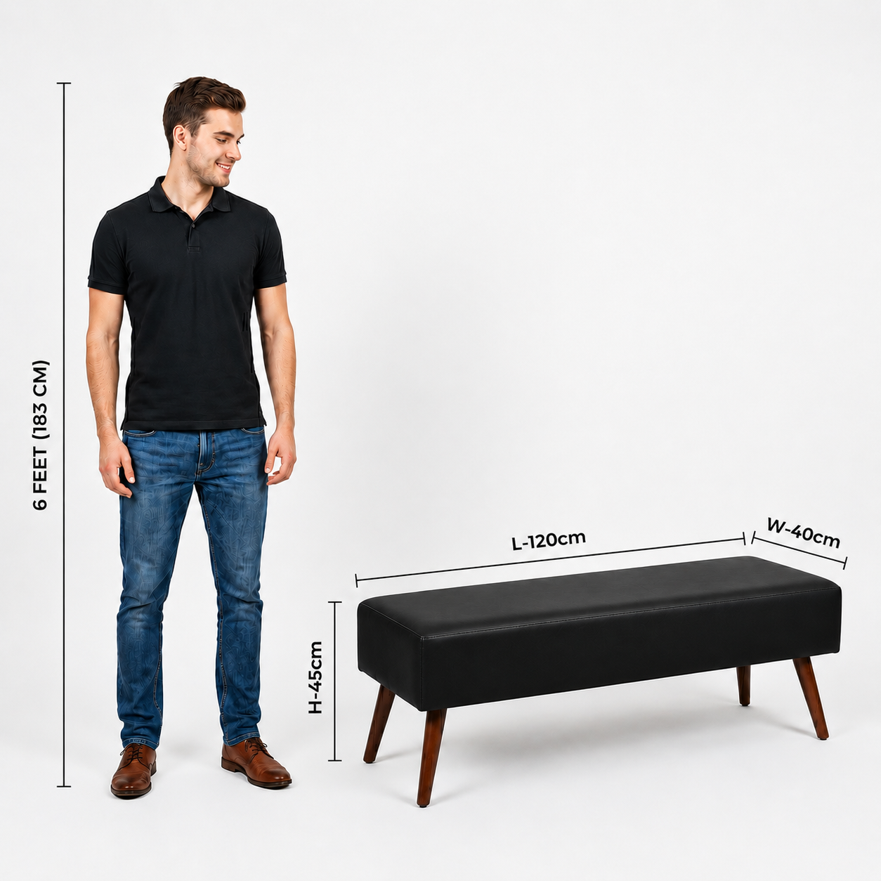 carpentray 120cm long premium wooden bench with waterproof cushion (black)
