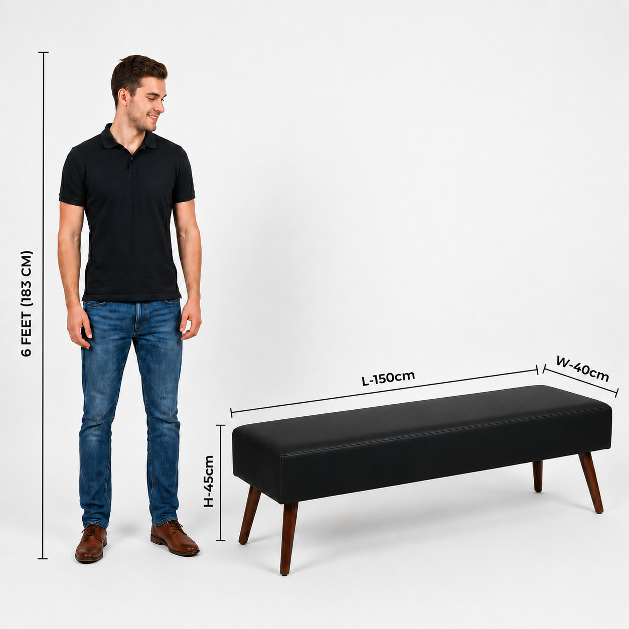 carpentray 150cm long premium wooden bench with waterproof cushion (black)