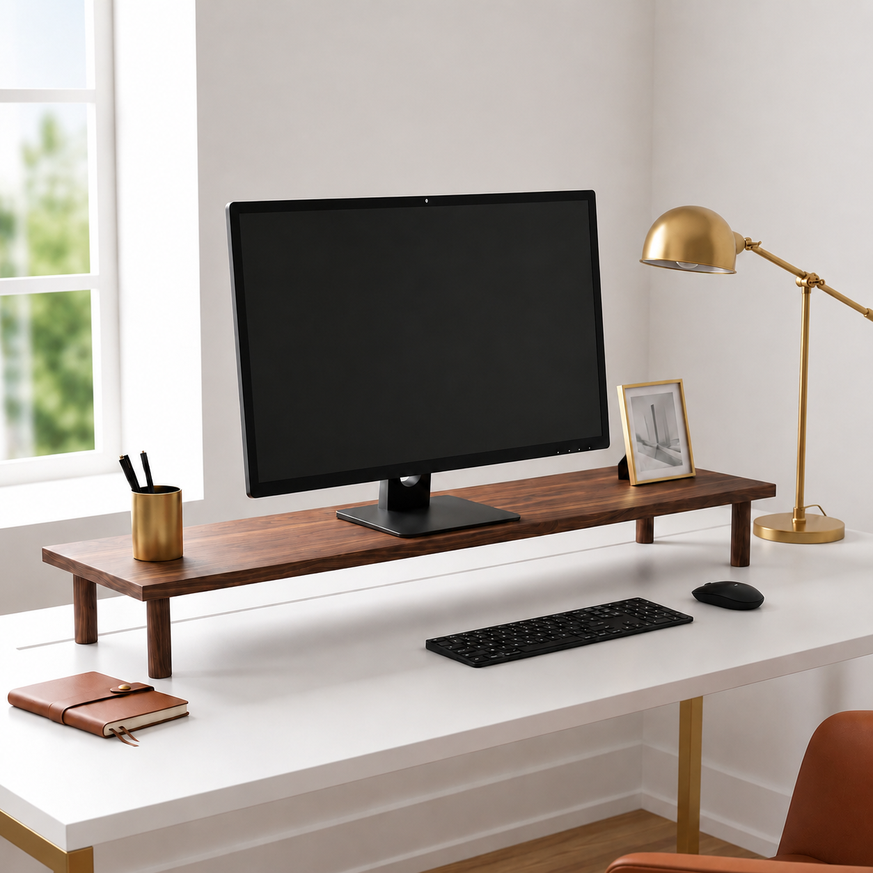 carpentray 120cm long premium wooden monitor stand round legs (walnut)