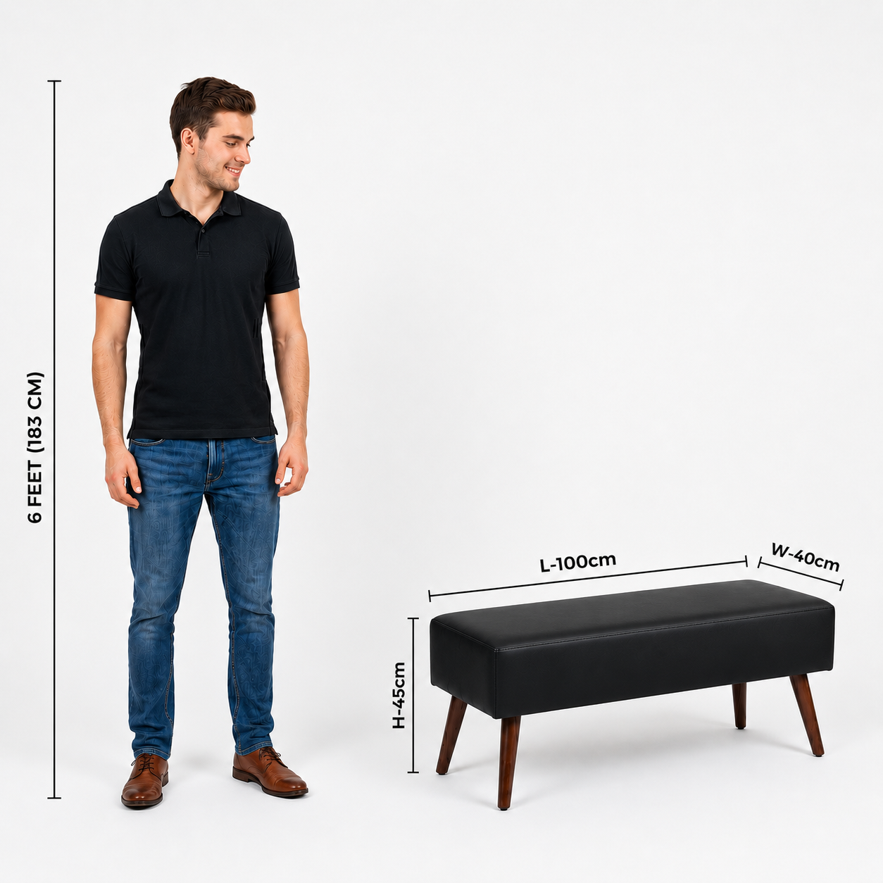 carpentray 100cm long premium wooden bench with waterproof cushion (black)