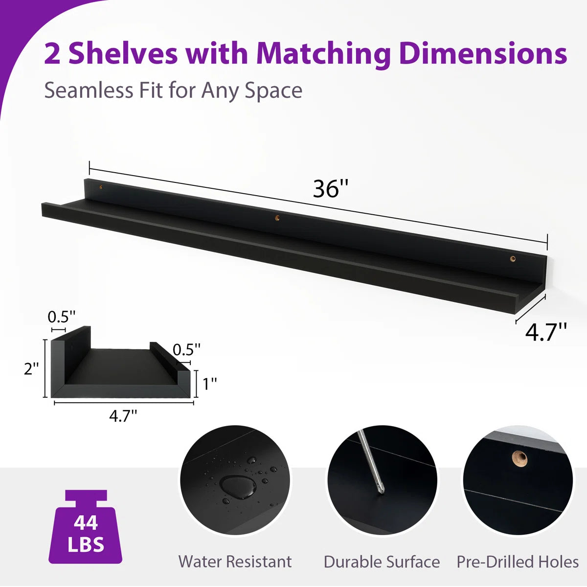 carpentray 36 inch long set of 2 wooden wall shelf (black)