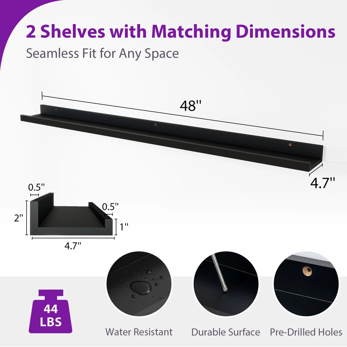 carpentray 48 inch long set of 2 wooden wall shelf (black)