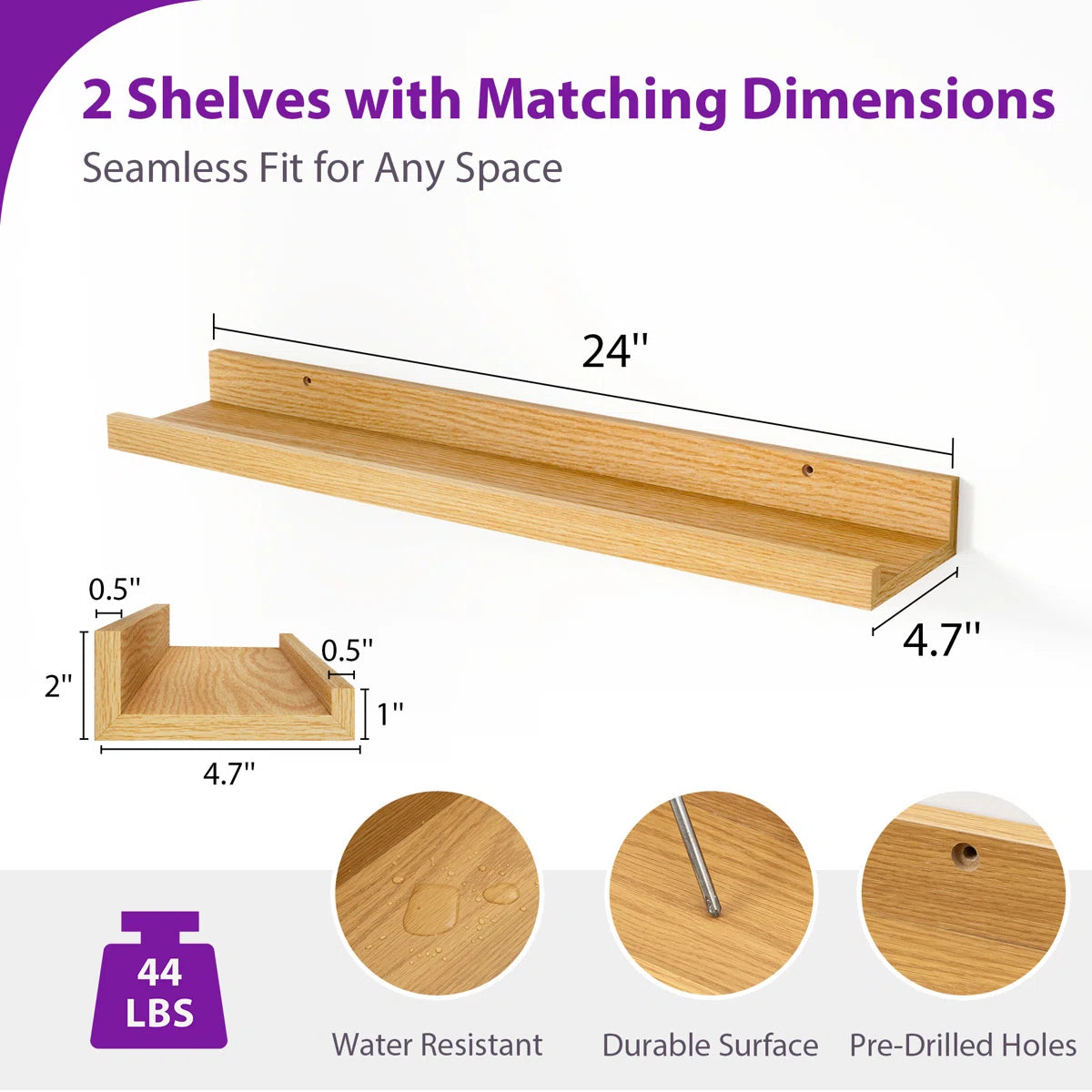 carpentray 24 inch long set of 2 wooden wall shelf (teak)