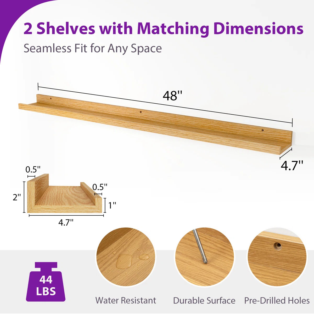 carpentray 48 inch long set of 2 wooden wall shelf (teak)