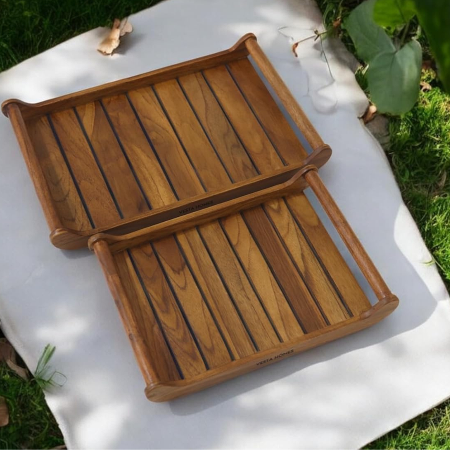carpentray set of 2 romper teak wood rectangular serving tray for home/kitchen