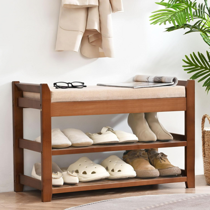 carpentray shoe rack bench with cushion, entryway bench