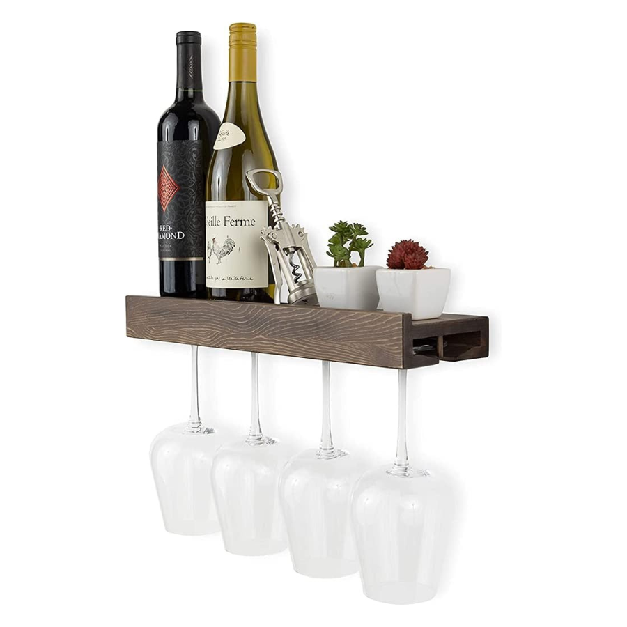 Carpentray Smith Wall Mounted Wood Floating Wine Bottle Rack with Glassware Holder Stemware Shelf Storage Organizer - Home, Kitchen, Dining Room Bar Décor - Walnut