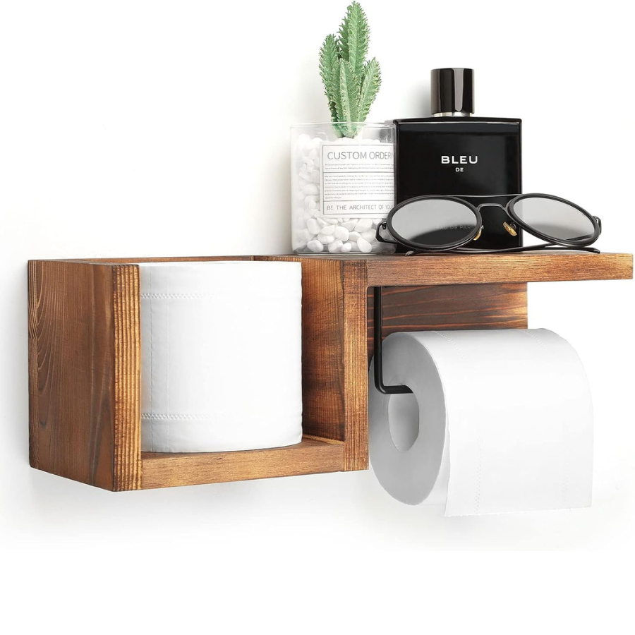 carpentray wooden toilet paper holder wall mount with shelf -  bathroom storage rack for tissue rolls, rustic bathroom decor brown