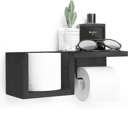 carpentray wooden black toilet paper holder with shelf - wall mount toilet paper holder storage rack for tissue rolls, rustic bathroom washroom decor black