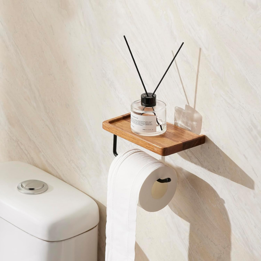 carpentray black toilet paper holder with storage shelf wooden,bathroom toilet tissue roll holder wall mount with adhesive& screw for phone candle wipes planter pot
