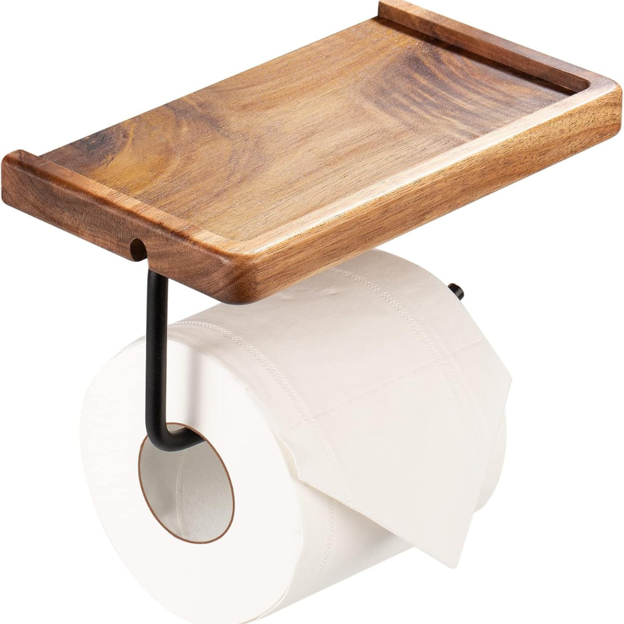 carpentray black toilet paper holder with storage shelf wooden,bathroom toilet tissue roll holder wall mount with adhesive& screw for phone candle wipes planter pot