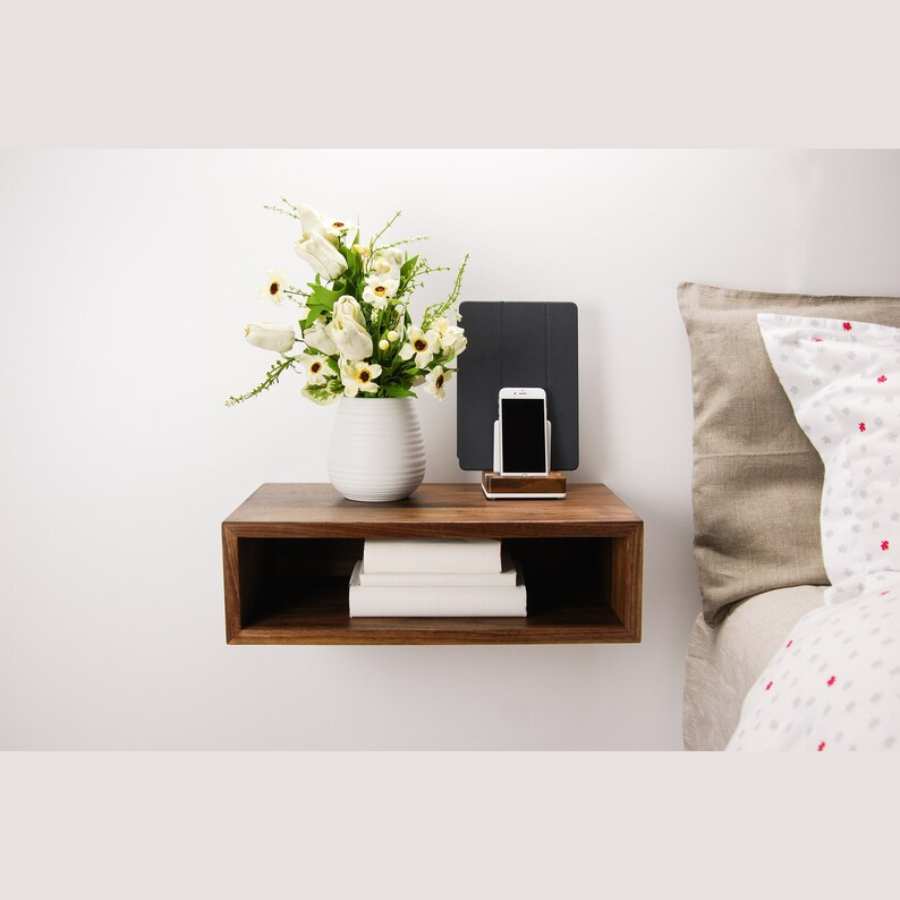 carpentray solid walnut wood floating nightstand / floating walnut bedside table / mid-century
