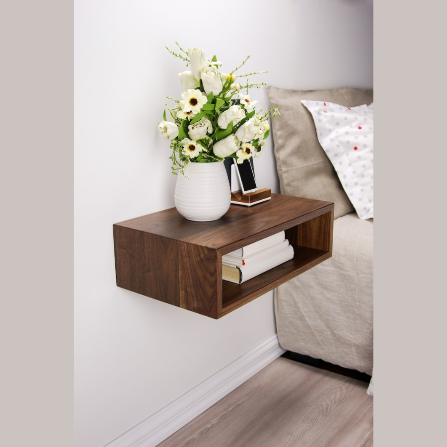 Carpentray Solid Walnut Wood Floating Nightstand / Floating Walnut Bedside Table / Mid-century