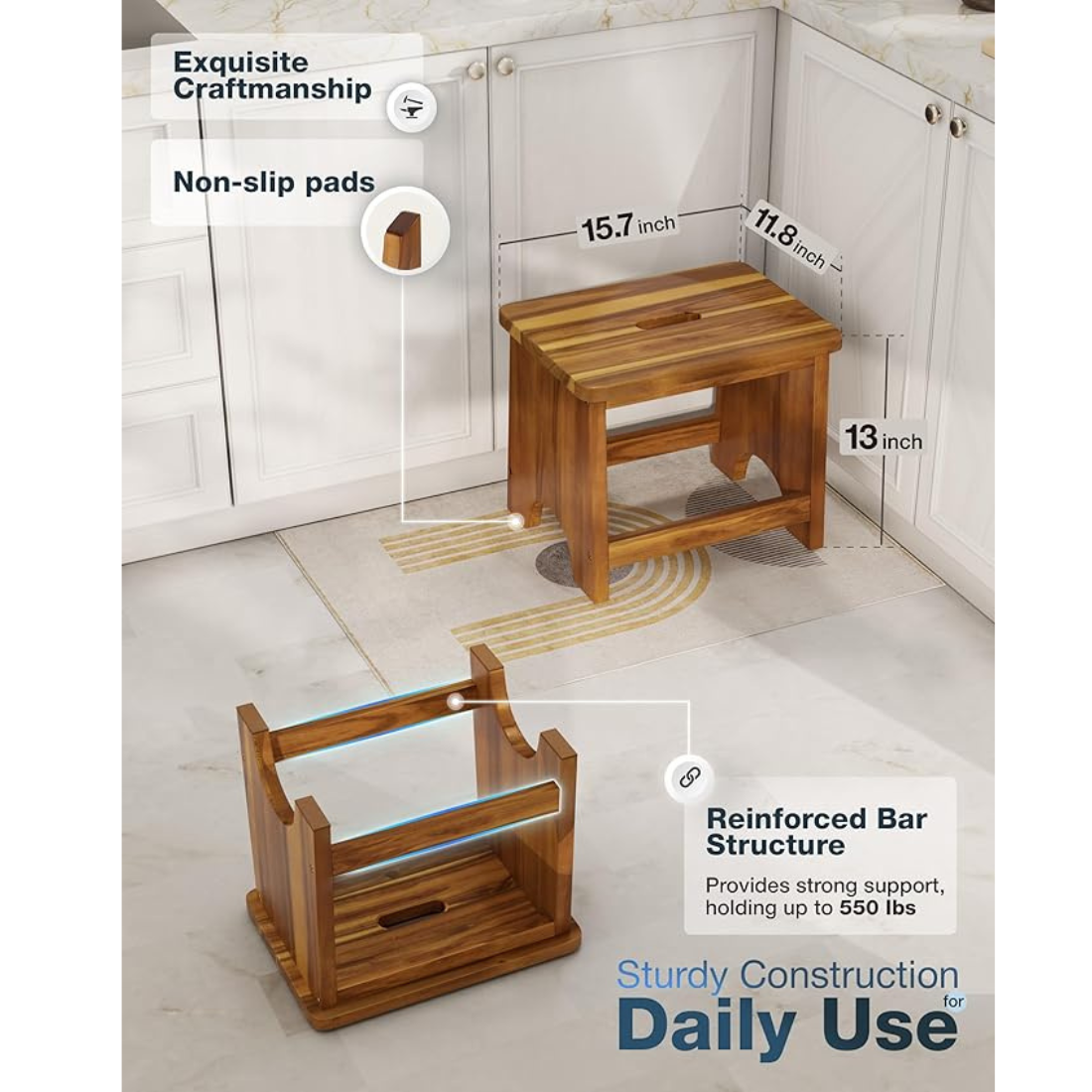 Carpentray Wooden Step Stool, 13'' Heavy Duty Stepping Stool Brown