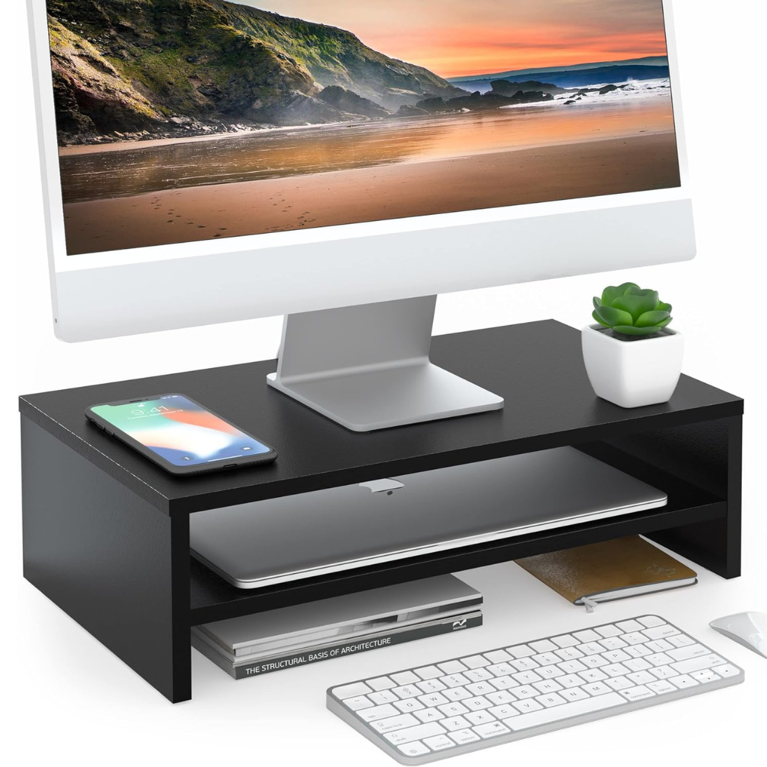 Carpentray Dual Shelf Wooden Monitor Riser Stand (Black)