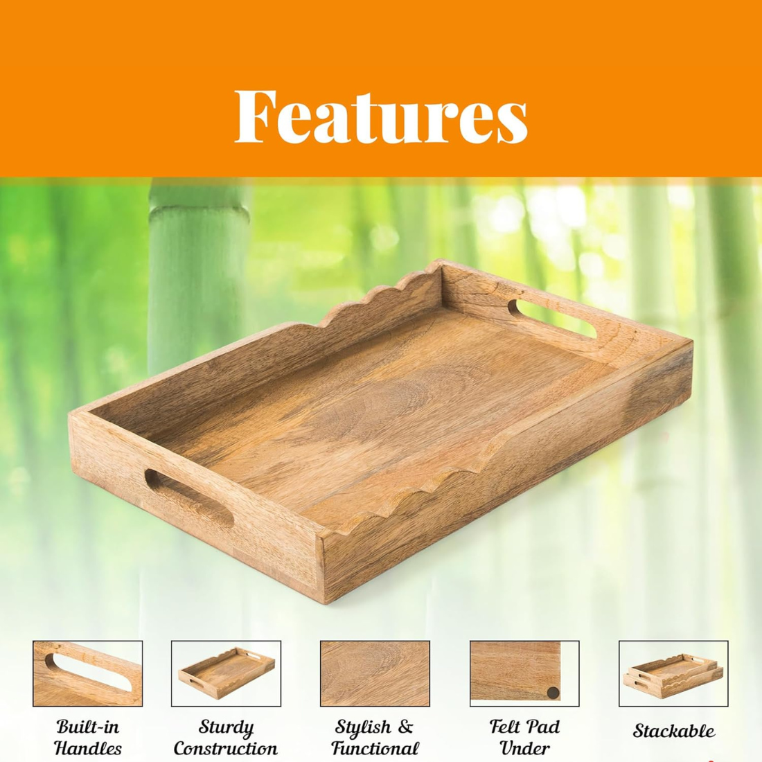 carpentray serving tray with elegant scalloped edges, natural | 15" x 10" x 1.75"