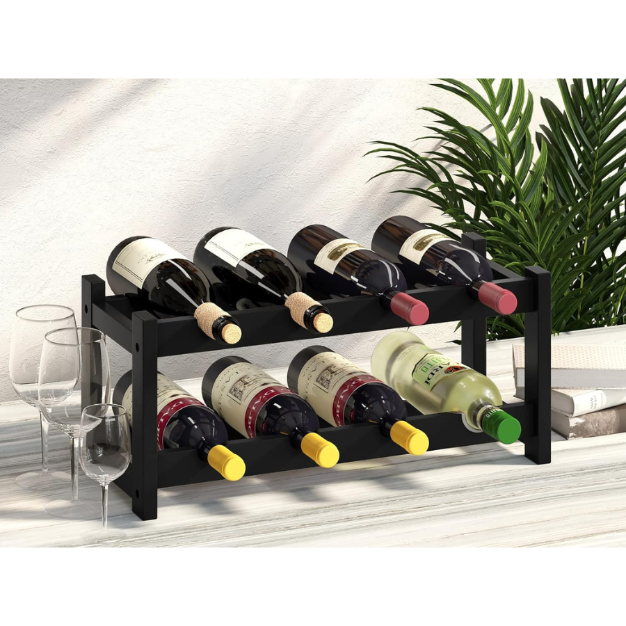 carpentray sheesham woodwine rack freestanding 8 bottle 2 tier bamboo wine racks countertop cabinet wine holder wine storage shelf for kitchen, bar, pantry, wine cellar, countertop black (16.85 l x 9.25w x 7h)