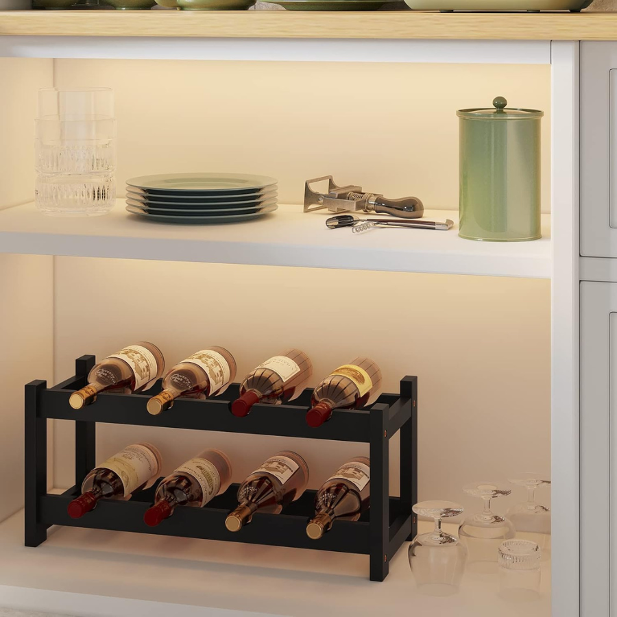 carpentray sheesham woodwine rack freestanding 8 bottle 2 tier bamboo wine racks countertop cabinet wine holder wine storage shelf for kitchen, bar, pantry, wine cellar, countertop black (16.85 l x 9.25w x 7h)