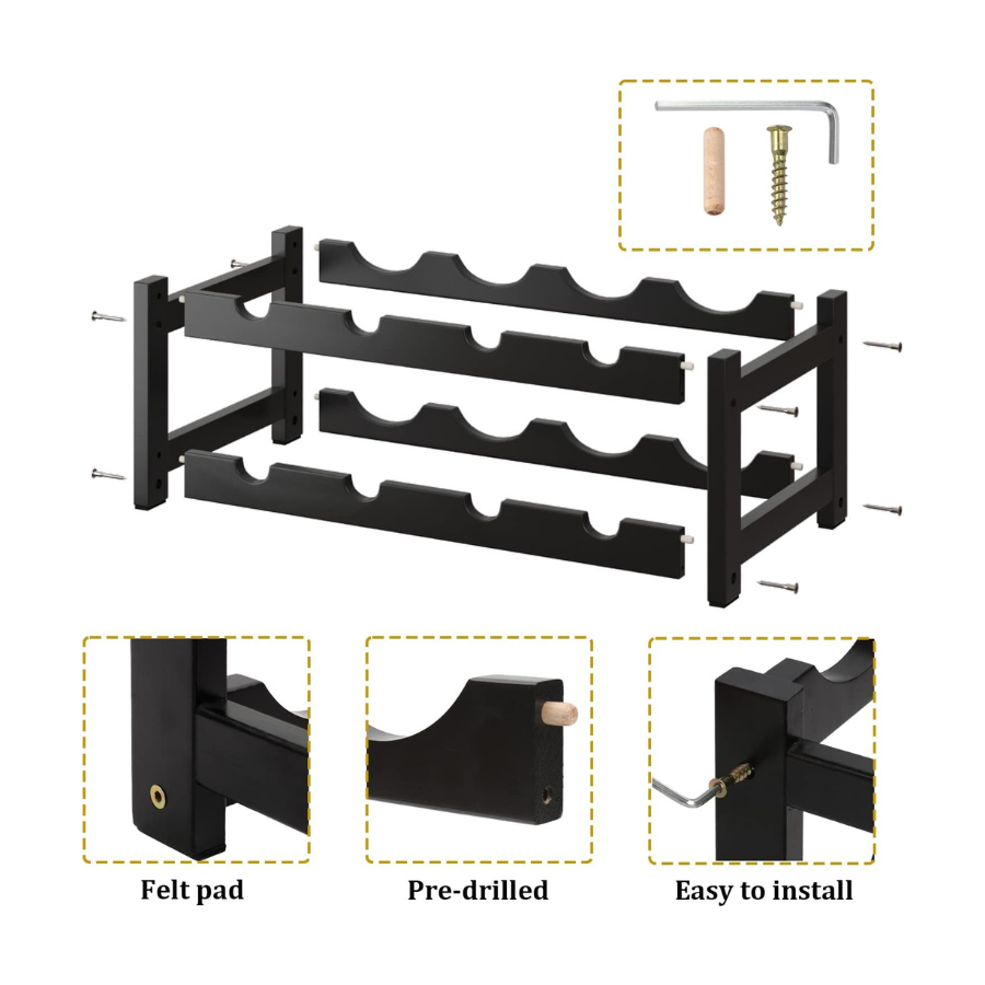 carpentray sheesham woodwine rack freestanding 8 bottle 2 tier bamboo wine racks countertop cabinet wine holder wine storage shelf for kitchen, bar, pantry, wine cellar, countertop black (16.85 l x 9.25w x 7h)