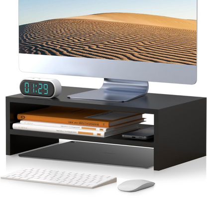 monitor stand riser, desktop stand, computer stand, ergonomic design, two-level design, desktop organization, keyboard smartphone storage, printer stand