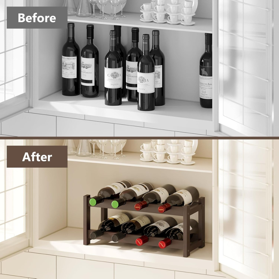 carpentray wine rack, 2 tier wine racks countertop storage, wine bottle holder wine rack freestanding floor for kitchen, bar, pantry, wine cellar, basement,study, (16.85 l x 9.25w x 7h) espresso