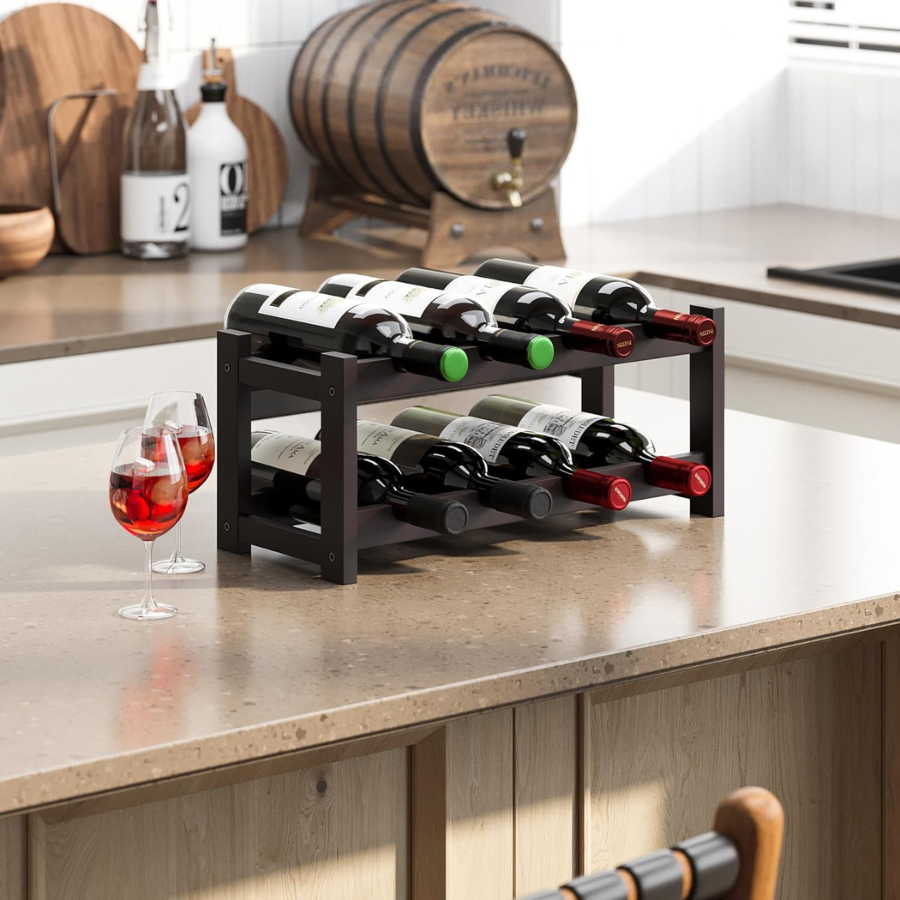 Carpentray Wine Rack, 2 Tier Wine Racks Countertop Storage, Wine Bottle Holder Wine Rack freestanding Floor for Kitchen, Bar, Pantry, Wine Cellar, Basement,Study, (16.85 L x 9.25W x 7H) Espresso
