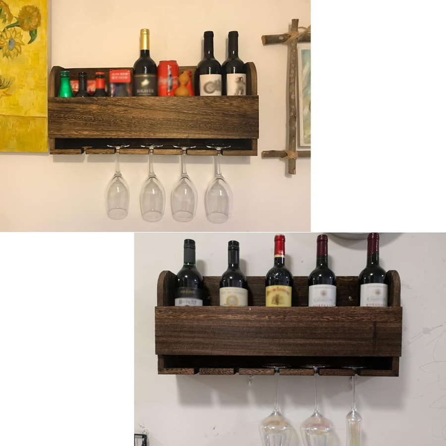 Carpentray Wooden Wall Mounted Wine Rack, Wine Storage Rack, Wine Bottle Holder with Glass Holder, Hanging Stemware Racks, Bar Wall Decor