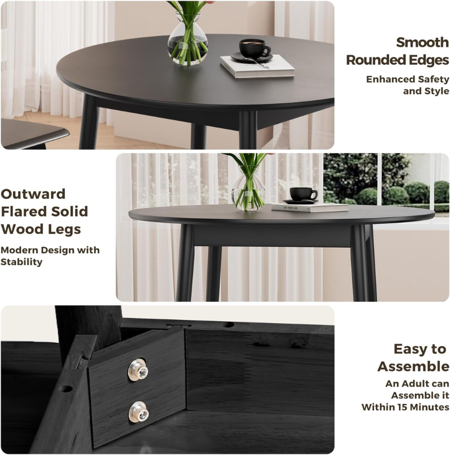 carpentray 28" solid wood round dining table for 4, mid century small kitchen table for 2-4, modern office table for living room, dining room, dinette, easy assembly, space saving, black