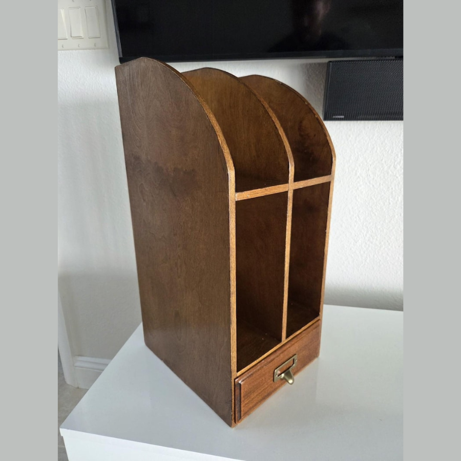 carpentray vintage wood desktop library organizer card letter file box cabinet with drawer