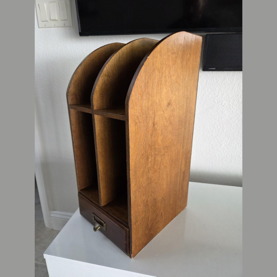 carpentray vintage wood desktop library organizer card letter file box cabinet with drawer