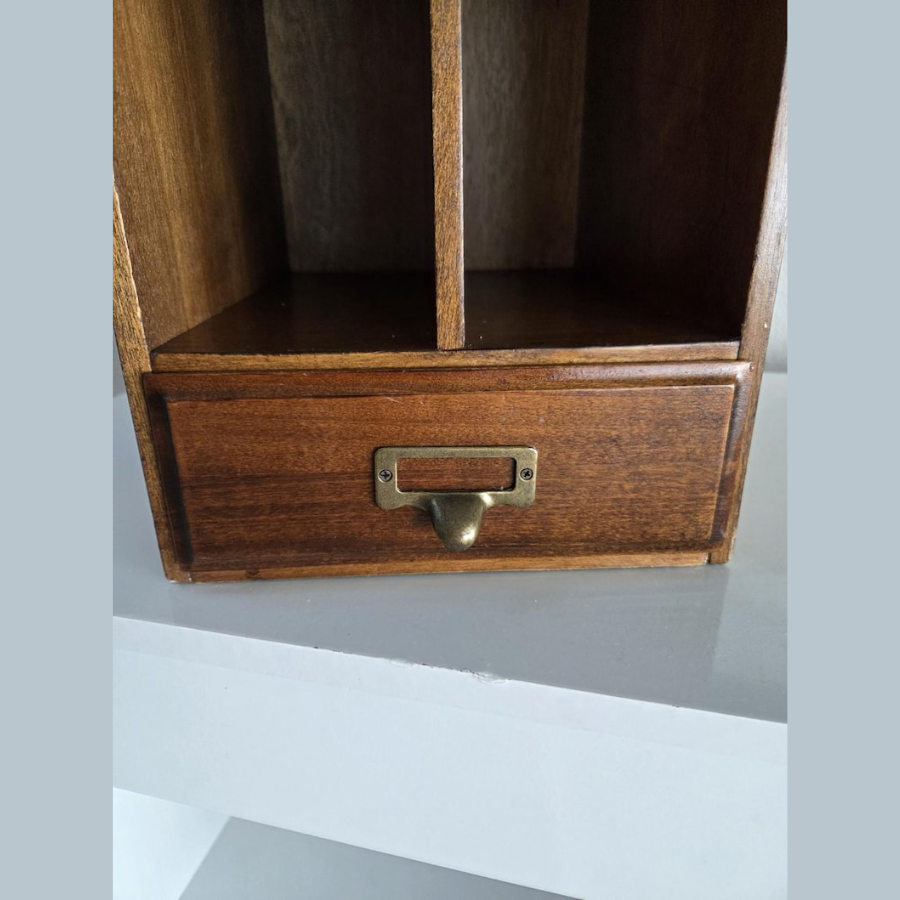 carpentray vintage wood desktop library organizer card letter file box cabinet with drawer