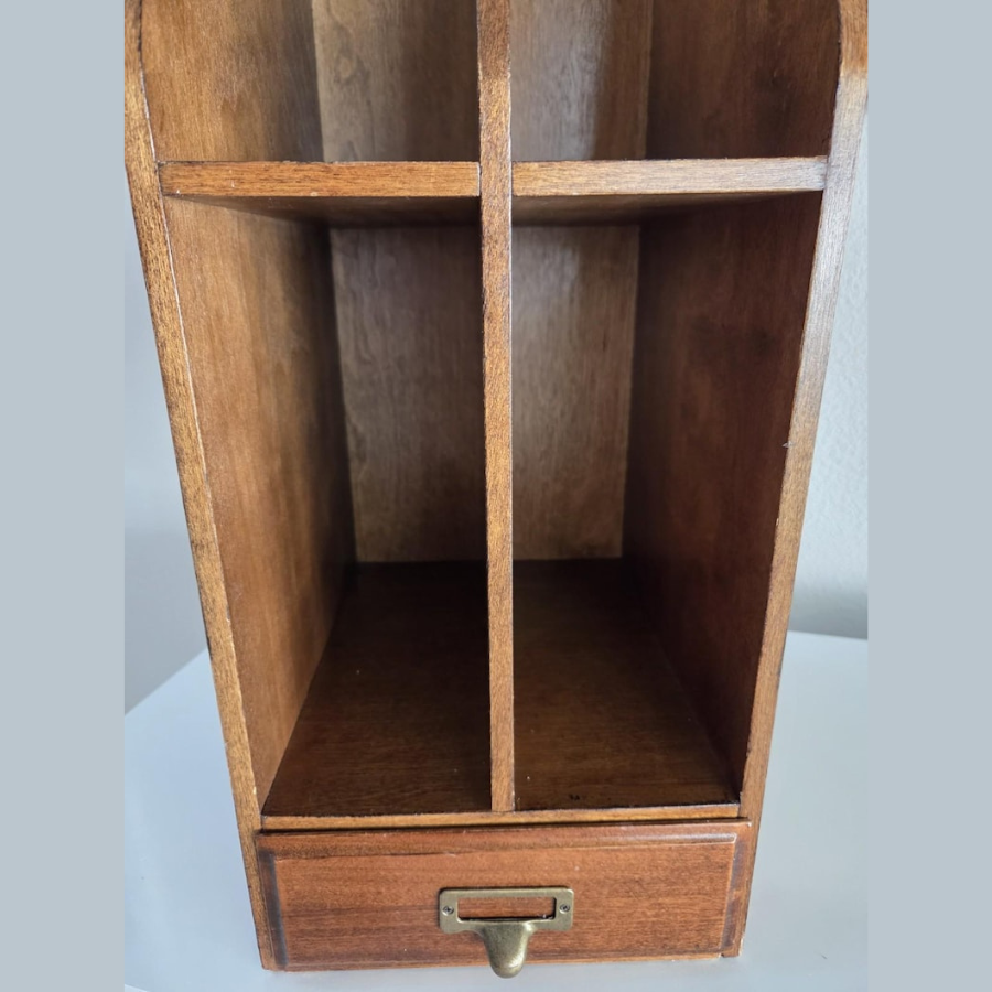 carpentray vintage wood desktop library organizer card letter file box cabinet with drawer
