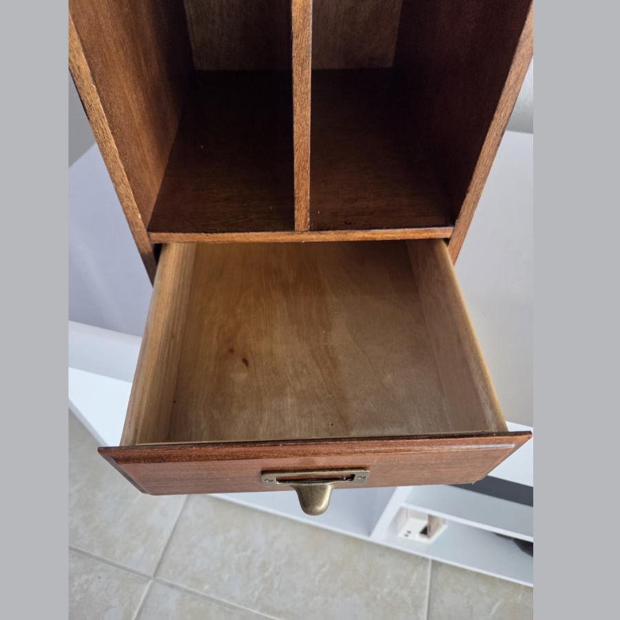 carpentray vintage wood desktop library organizer card letter file box cabinet with drawer