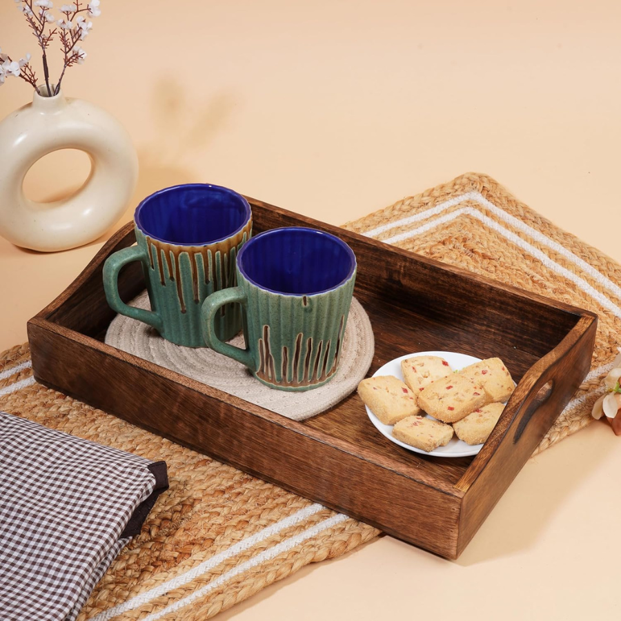 Carpentray  Wooden Rectangular Serving Tray with Handles 15x10 Inch Solid Plain Design Handmade Mango Wood Platter