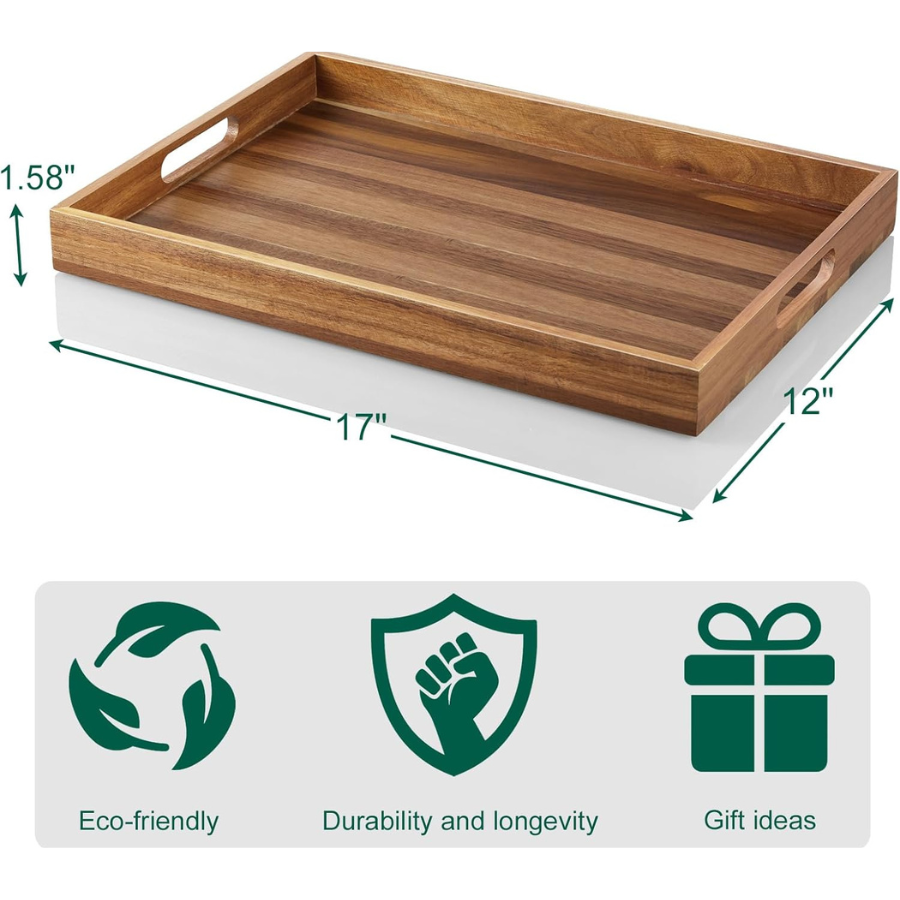 Carpentray 17 Inch Acacia Wood Serving Tray with Handles - Large Wooden Tray