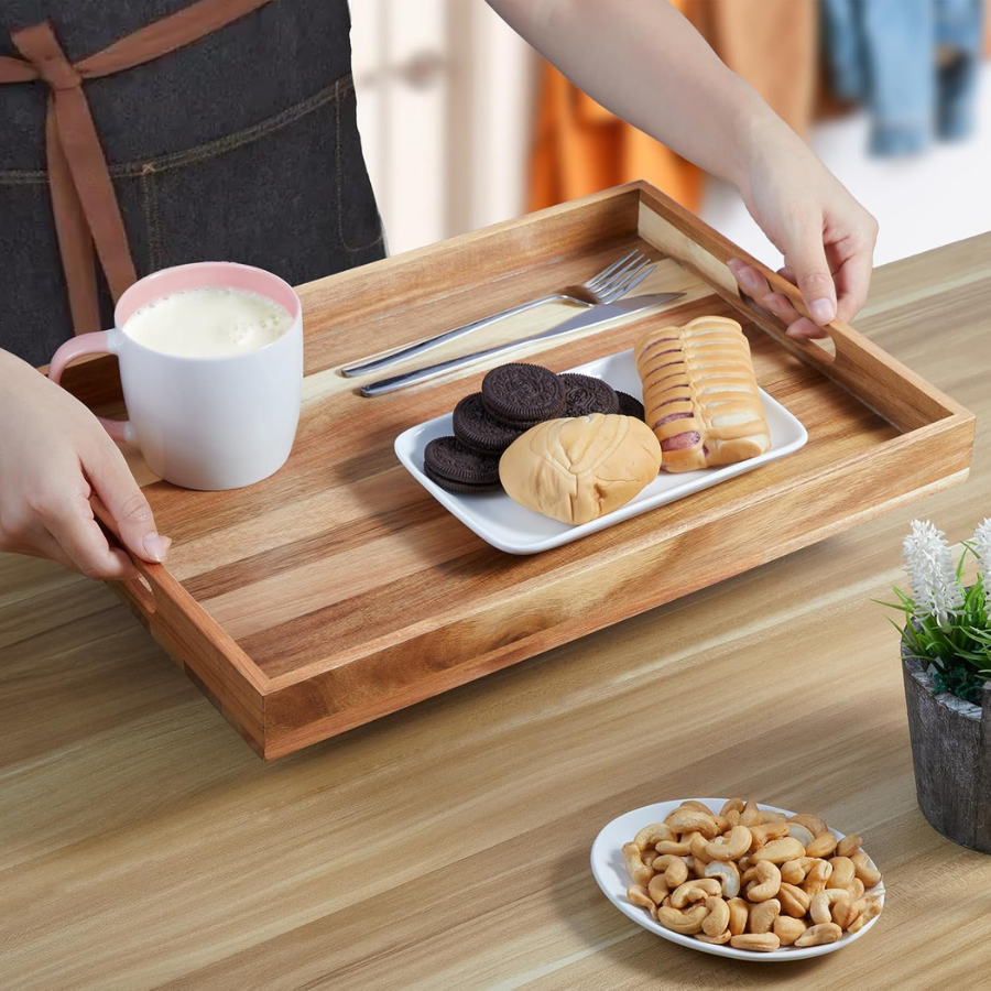 Carpentray 17 Inch Acacia Wood Serving Tray with Handles - Large Wooden Tray