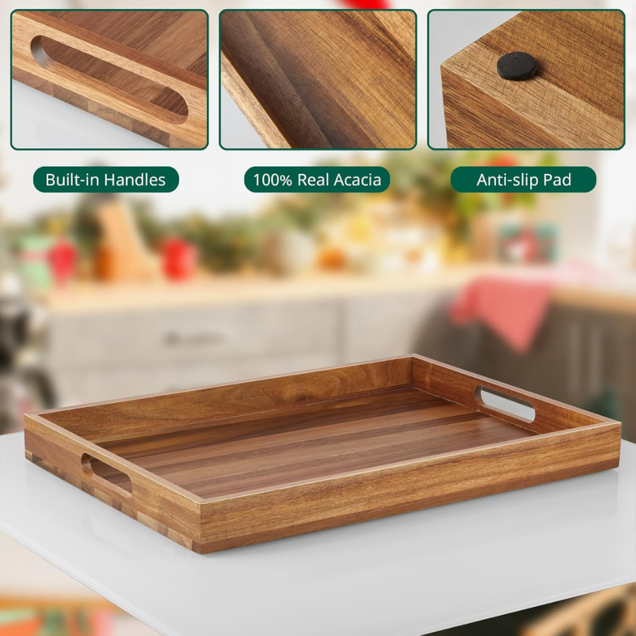 carpentray 17 inch acacia wood serving tray with handles - large wooden tray