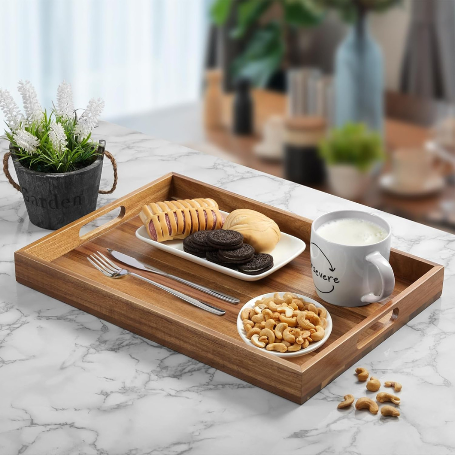 carpentray 17 inch acacia wood serving tray with handles - large wooden tray